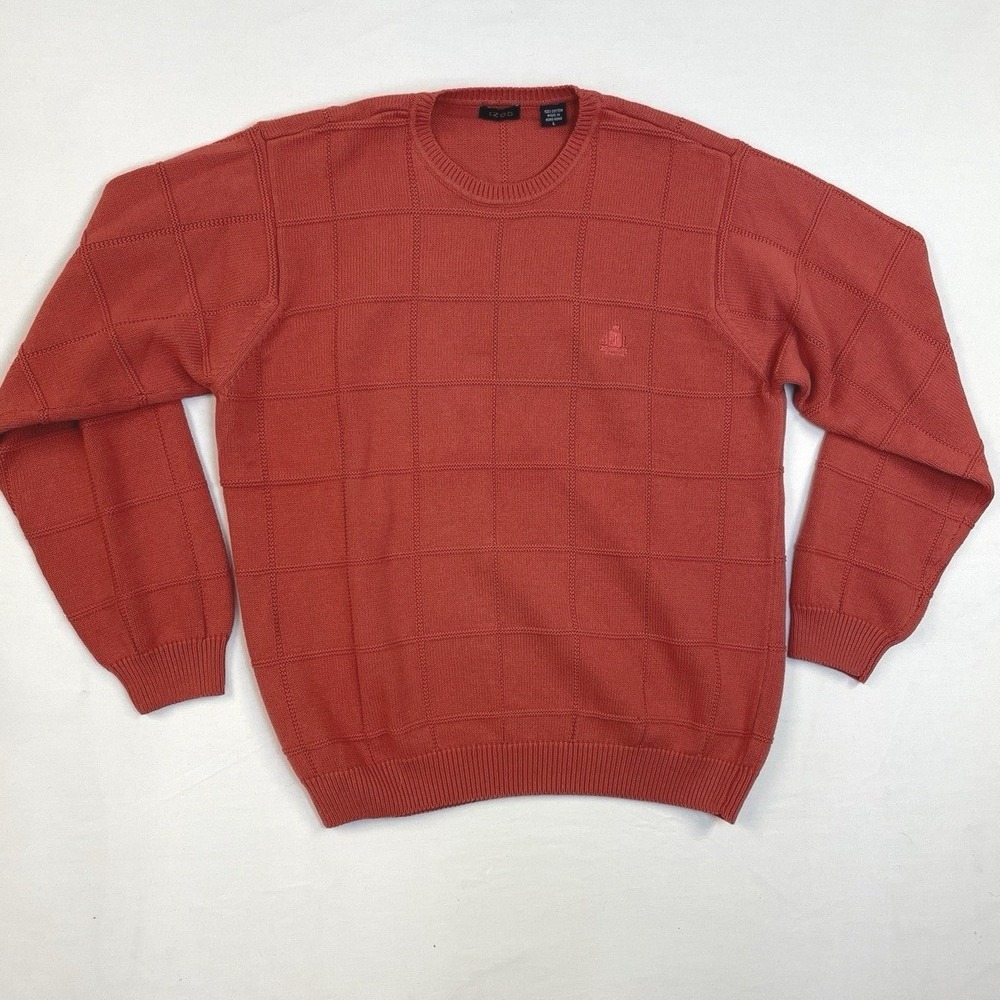 Izod Mens Rust Crewneck Sweater L Classic Preppy‎ Heavy Textured Knit Pullover